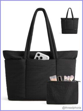 Puffer Tote Bag Expandable Teacher Handbag w/ Pouch Laptop Compartment